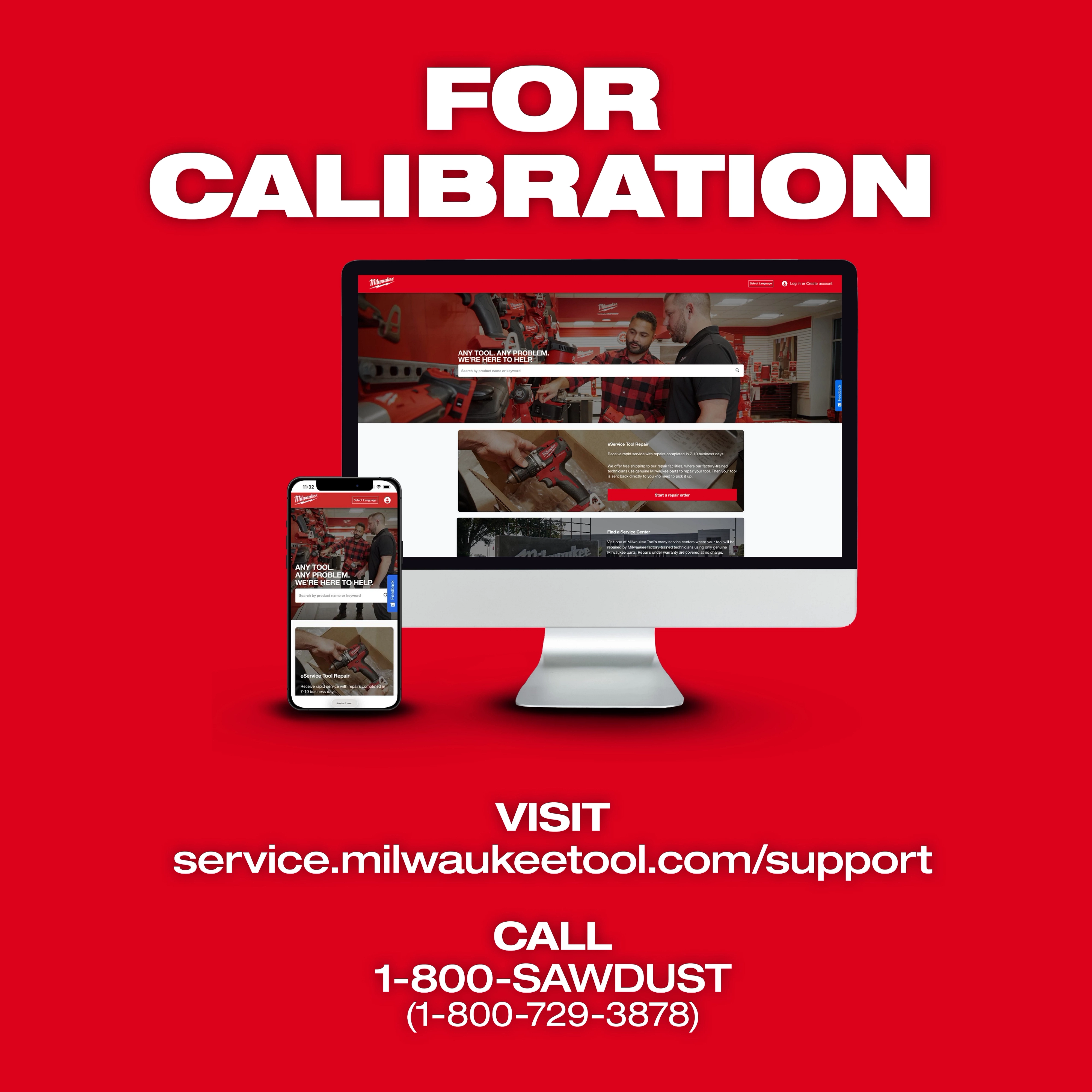 Milwaukee Tool calibration instructions displayed on computer and smartphone screens. Contact info: service.milwaukeetool.com/support, 1-800-SAWDUST.