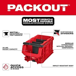 PACKOUT Compact Crate modular storage bin with handle, dividers, and labeled feature callouts on a graphic background.