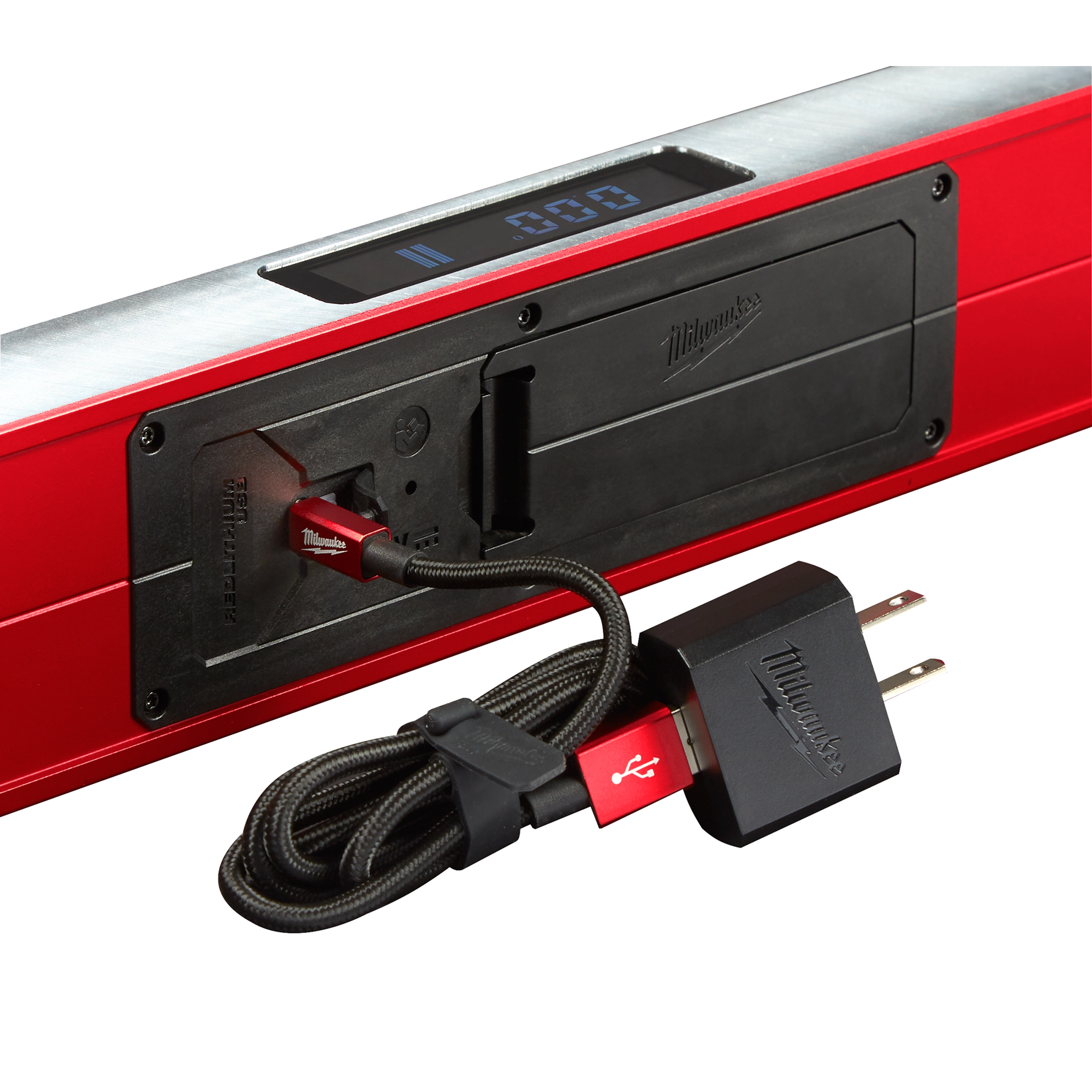 Milwaukee REDSTICK Digital Level with PINPOINT Measurement Technology, featuring a digital display and a charging cable with adapter.