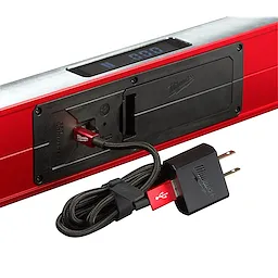 Milwaukee REDSTICK Digital Level with PINPOINT Measurement Technology, featuring a digital display and a charging cable with adapter.
