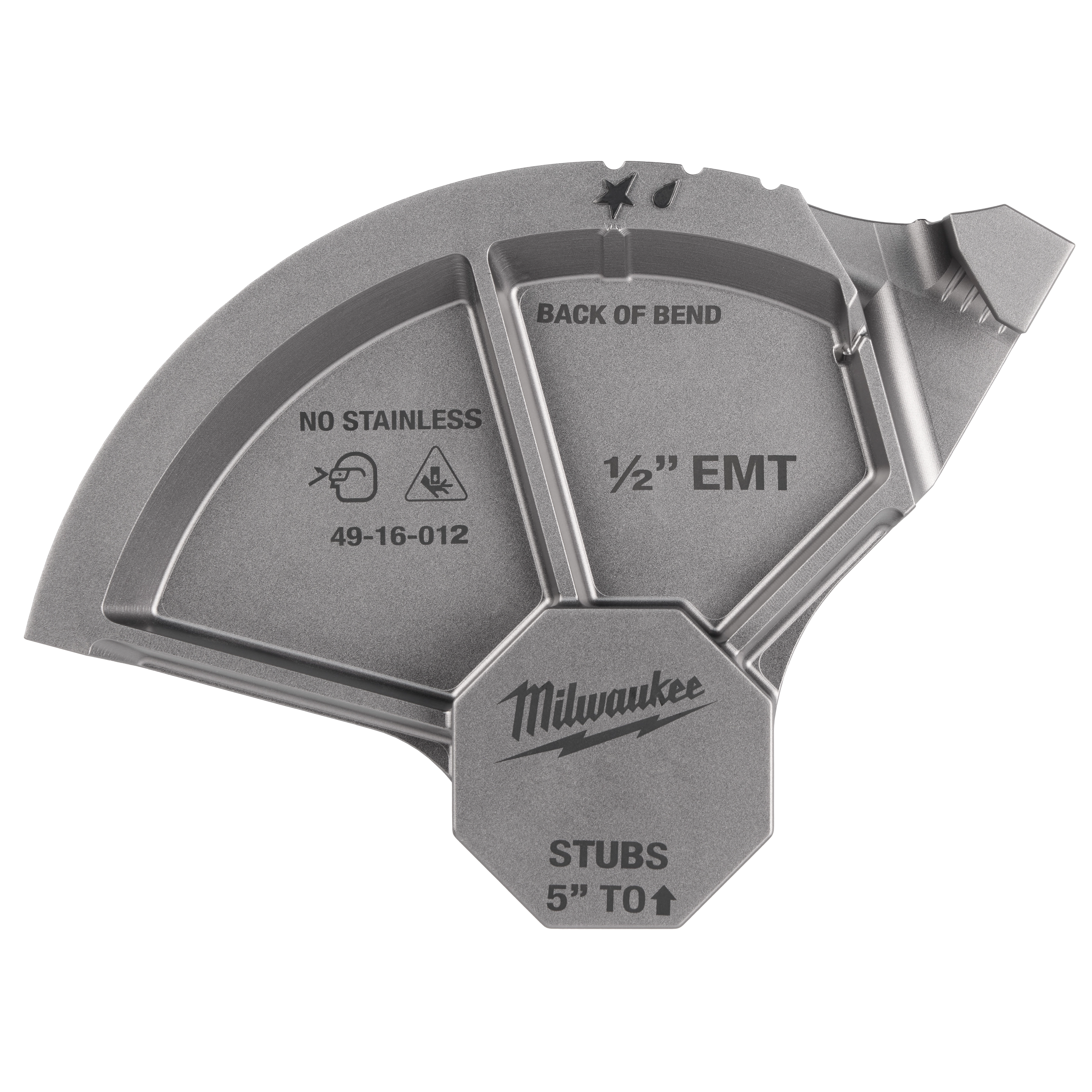 This image shows a Milwaukee metal conduit bender head. The bender has markings for "NO STAINLESS," "BACK OF BEND," "1/2 EMT," and "STUBS 5'' TO ↑." The item number "49-16-012" is visible. The bender has a gray finish and a hexagonal central grip area.