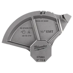 This image shows a Milwaukee metal conduit bender head. The bender has markings for "NO STAINLESS," "BACK OF BEND," "1/2 EMT," and "STUBS 5'' TO ↑." The item number "49-16-012" is visible. The bender has a gray finish and a hexagonal central grip area.
