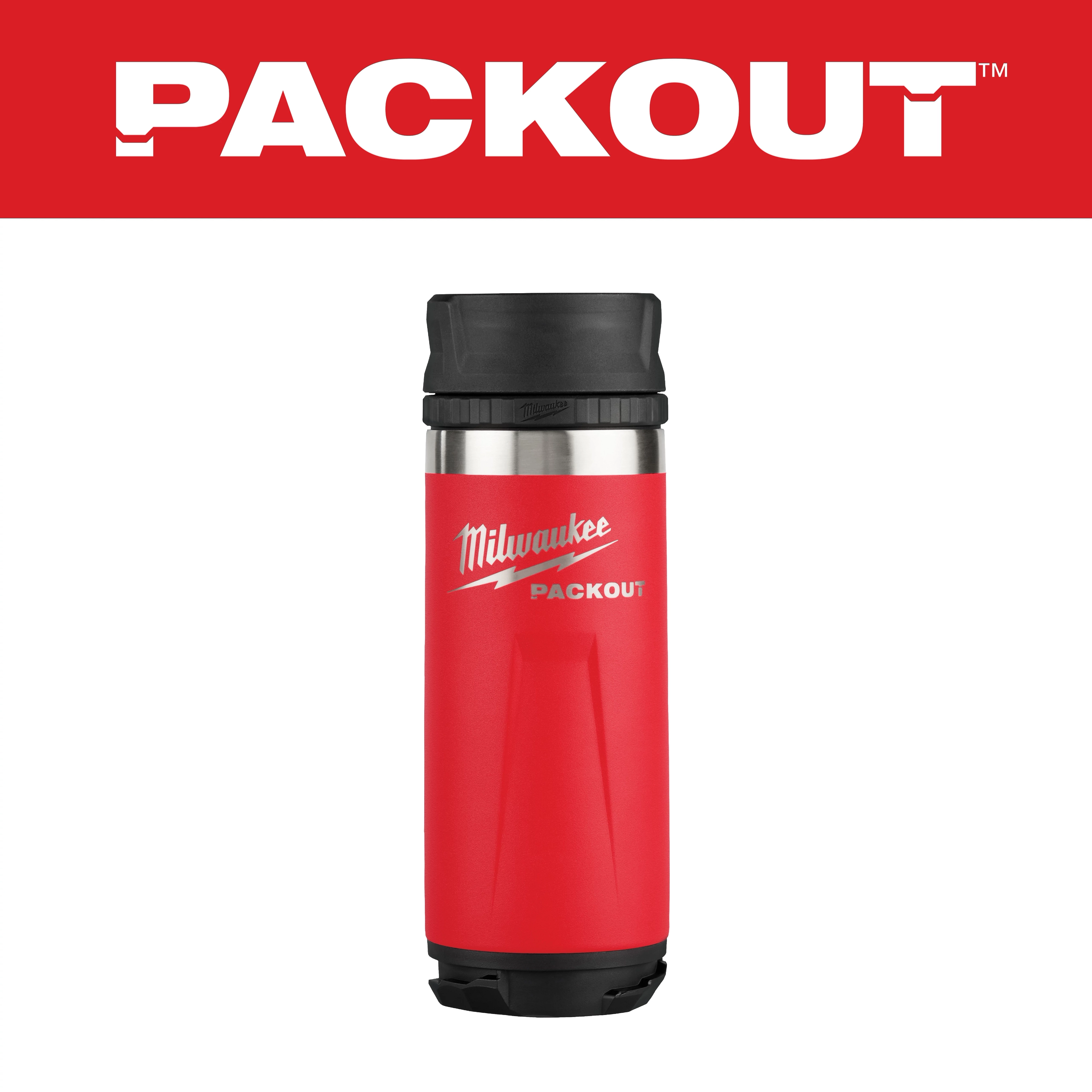The PACKOUT 18oz Insulated Bottle with Sip Lid is red with black accents, featuring a silver stripe and a black sip lid.