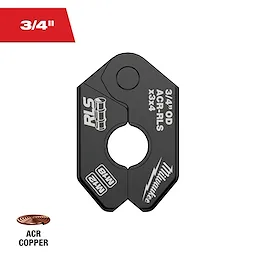 The 3/4" RLS® Pivoting Press Ring is a black tool accessory designed for pressing applications. It is labeled with "3/4" OD AGR-RLS X3X4" and shows compatibility with M18 and M12 models. Suitable for use with ACR copper.