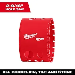 A red Milwaukee® 2-9/16" DIAMOND MAX™ Hole Saw designed for all porcelain, tile, and stone is displayed. The branding and size are visible on the side of the hole saw.