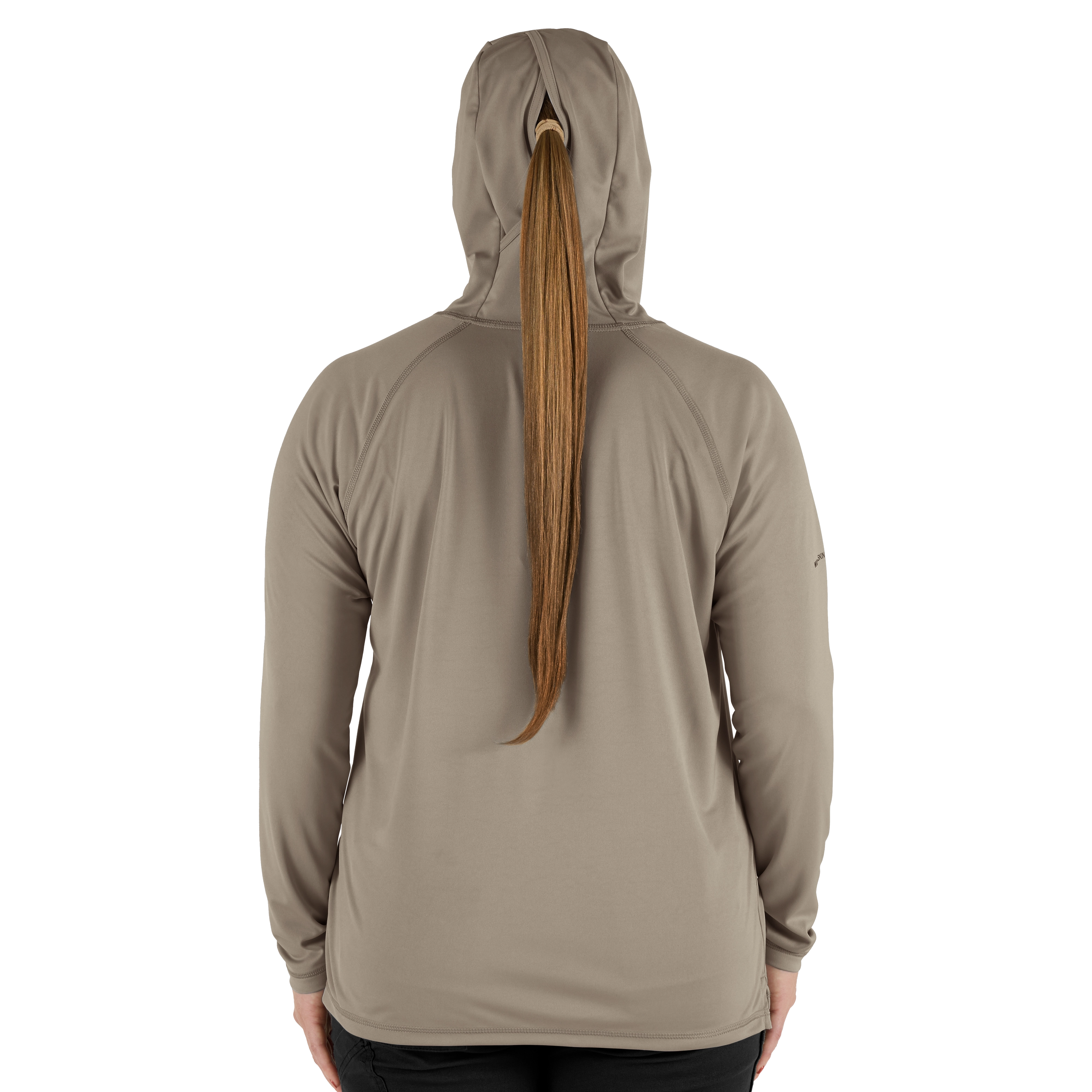 The Women's WORKSKIN Hooded Sun Shirt – Sandstone features a lightweight, long-sleeve design with a hood. The back view shows the relaxed fit and ponytail slot in the hood, allowing easy hair management for comfort during work or outdoor activities. The shirt is ideal for sun protection.