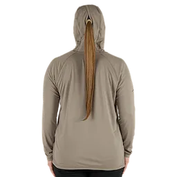 The Women's WORKSKIN Hooded Sun Shirt – Sandstone features a lightweight, long-sleeve design with a hood. The back view shows the relaxed fit and ponytail slot in the hood, allowing easy hair management for comfort during work or outdoor activities. The shirt is ideal for sun protection.