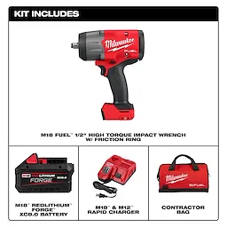 Image showing contents of the kit for the M18 FUEL™ 1/2" High Torque Impact Wrench w/ Friction Ring. Items include the high torque impact wrench, M18™ REDLITHIUM™ FORGE™ XC8.0 battery, M18™ & M12™ rapid charger, and a red contractor bag.