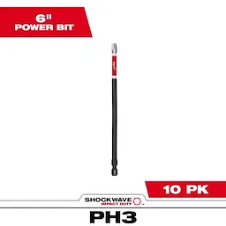 The image shows a single SHOCKWAVE™ 6" Impact Duty Phillips #3 Power Bit from a pack of 10. The bit is black with a red and white label near the tip, designed for heavy-duty use in impact drivers.