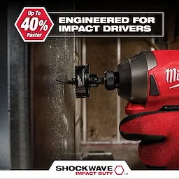 Shockwave Hole Saw USP attached to a red impact driver cutting through a metal surface. Text reading "Up to 40% Faster" and "Engineered for Impact Drivers."