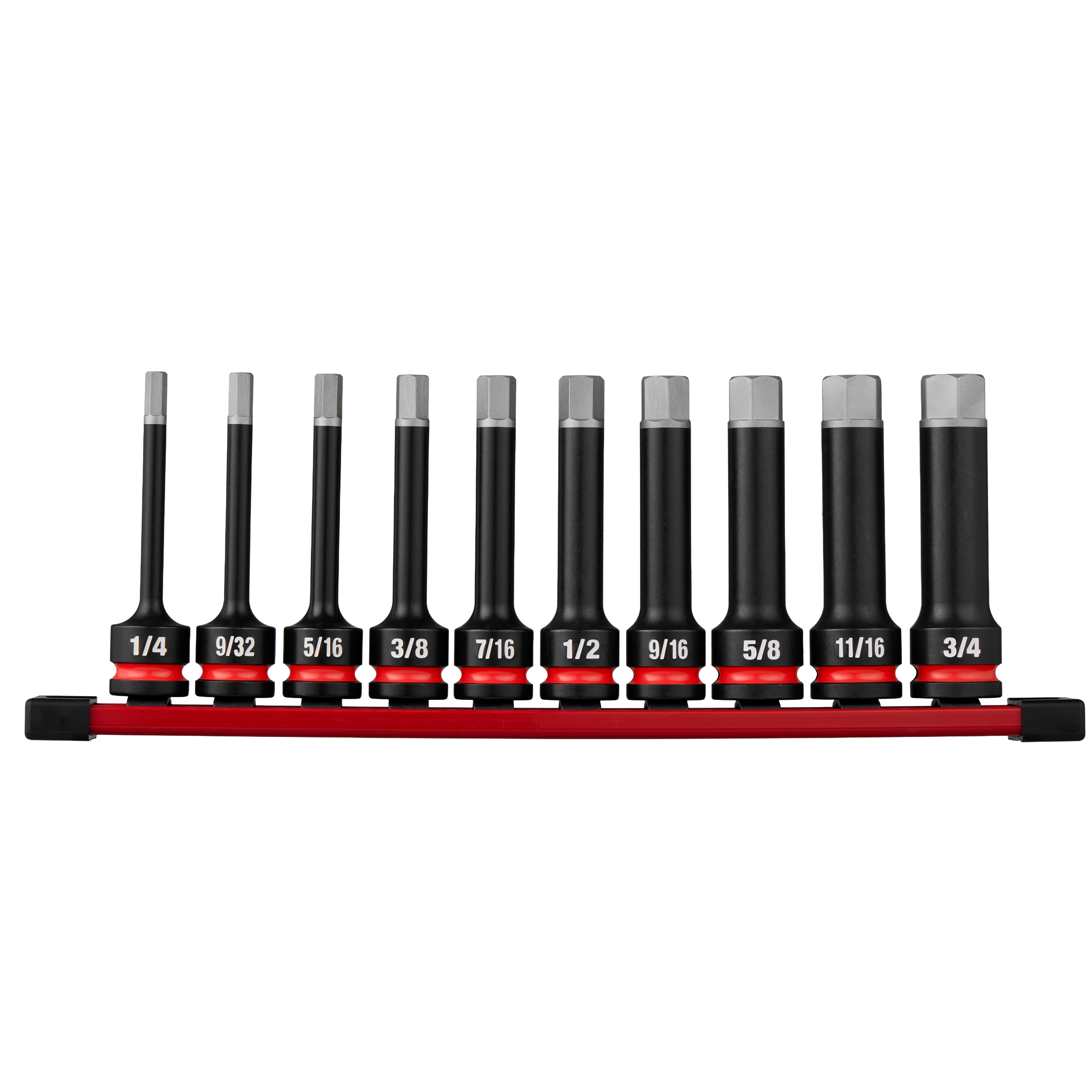 10PC SHOCKWAVE Impact Duty 1/2" Drive 4" Hex SAE Bit Socket Set arranged on a red rail in size order.