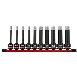 10PC SHOCKWAVE Impact Duty 1/2" Drive 4" Hex SAE Bit Socket Set arranged on a red rail in size order.