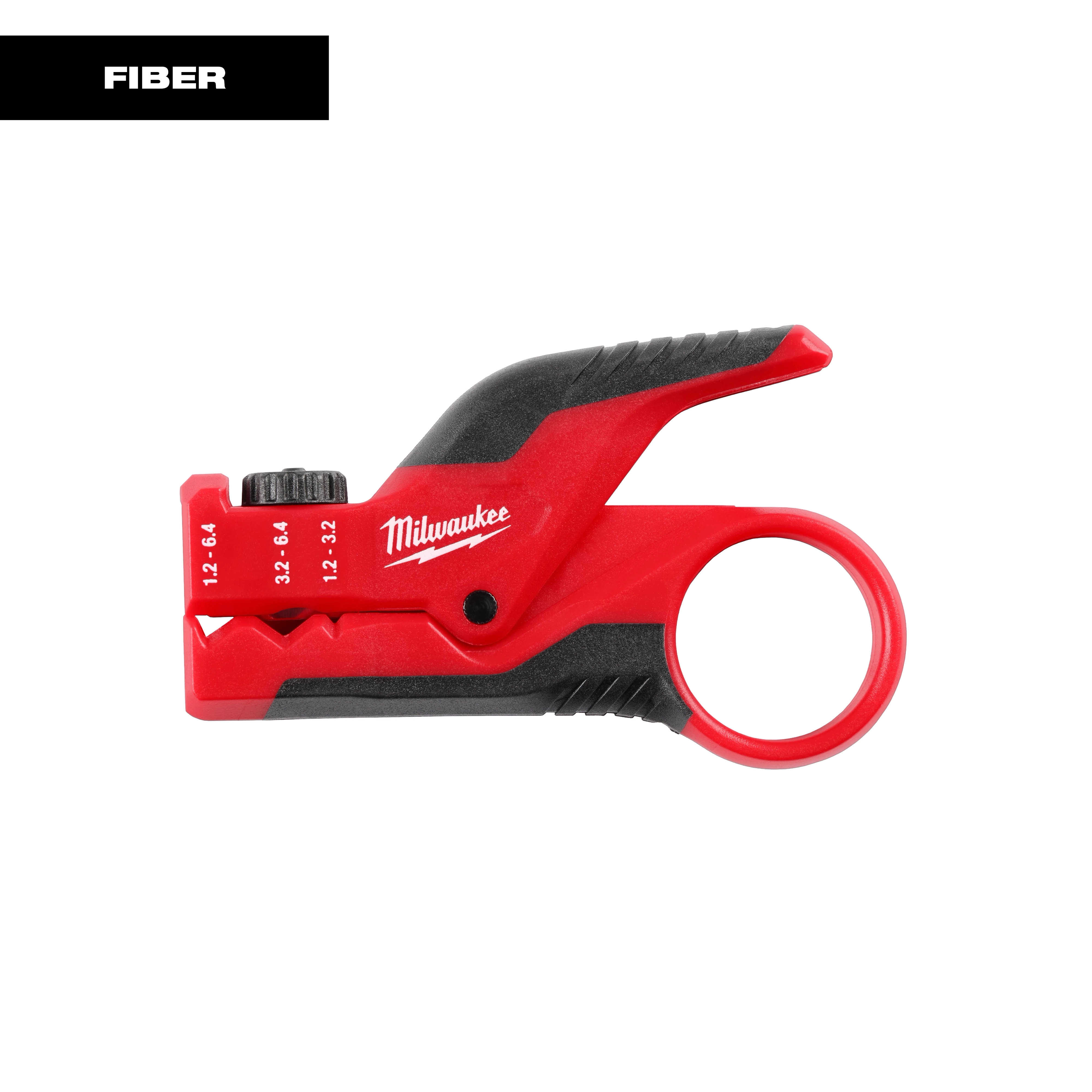 The image shows a Milwaukee Buffer Tube Ringer & Slitter, designed for fiber cable work. It features a red and black ergonomic handle and adjustable settings for various cable diameters.