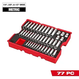 77 pc. 1/4”, 3/8”, & 1/2” Drive Metric Socket Set with Tray for PACKOUT Drawers arranged in a red tray.