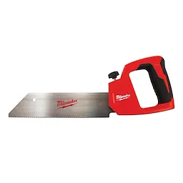 Milwaukee 12-Inch PVC/ABS Saw features a red ergonomic handle and a serrated stainless steel blade. The Milwaukee logo is visible on both the handle and blade.