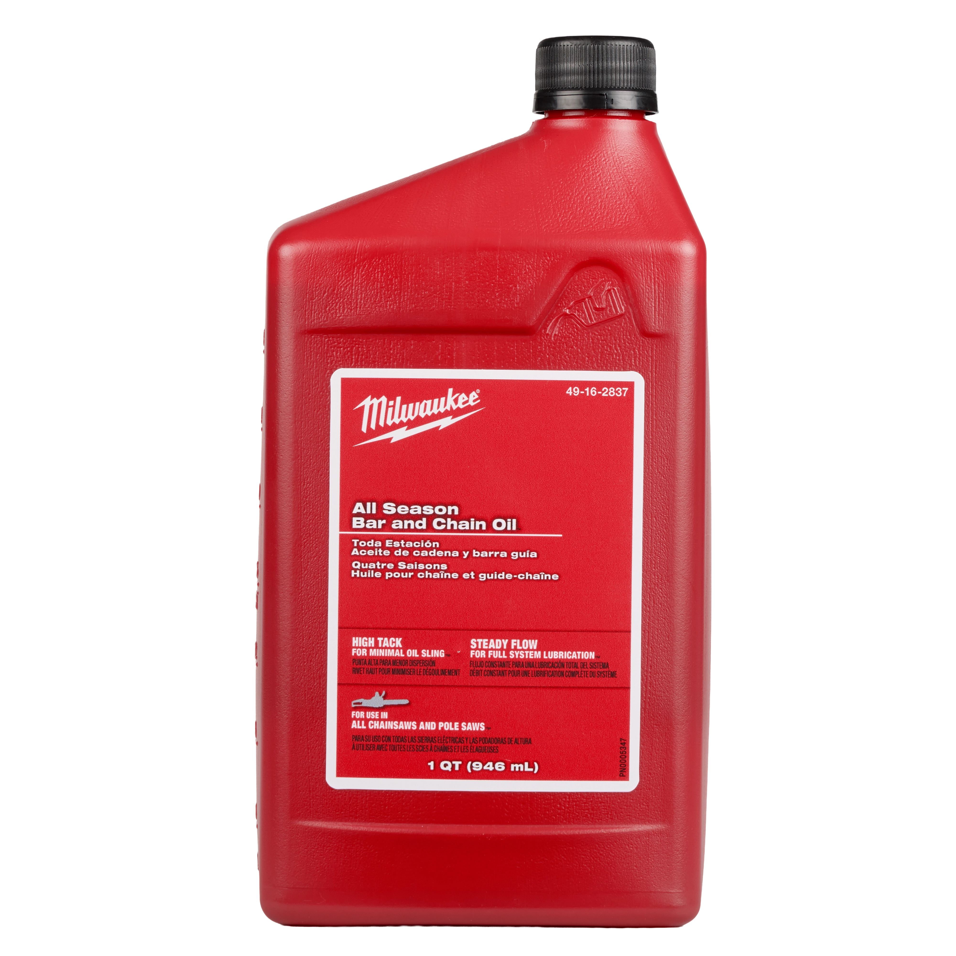 1 Quart All Season Bar and Chain Oil is a red container labeled Milwaukee. It is suitable for all chainsaws and pole saws, ensuring high tack and steady flow for optimal oil sling and full system lubrication. The bottle has a black cap and contains 946 milliliters.