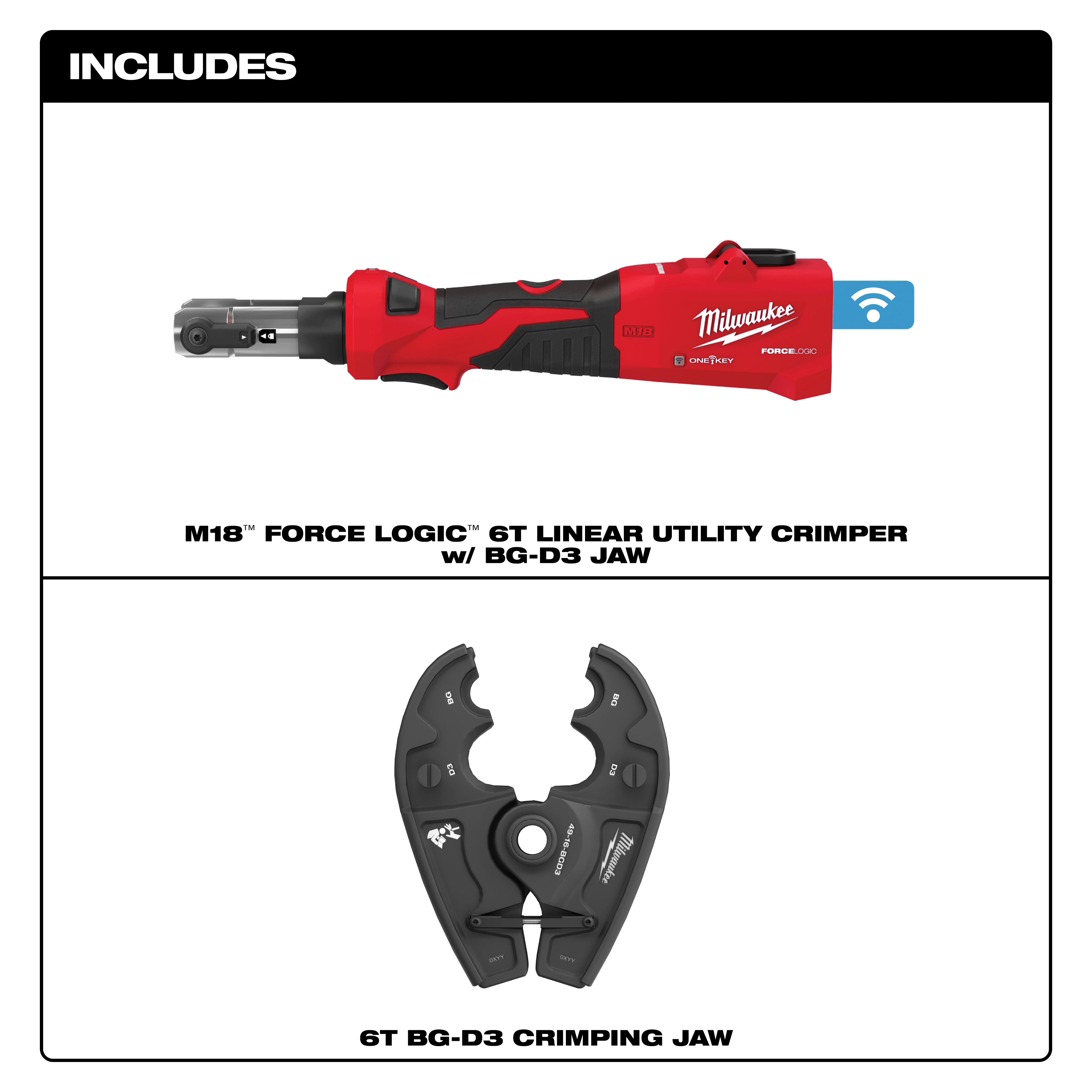 The M18™ FORCE LOGIC™ 6T Linear Utility Crimper with BG-D3 Jaw is a red and black crimping tool with a D3 jaw attachment. The image also includes a close-up of the 6T BG-D3 crimping jaw accessory.