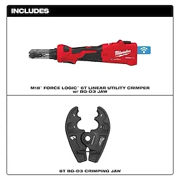 The M18™ FORCE LOGIC™ 6T Linear Utility Crimper with BG-D3 Jaw is a red and black crimping tool with a D3 jaw attachment. The image also includes a close-up of the 6T BG-D3 crimping jaw accessory.