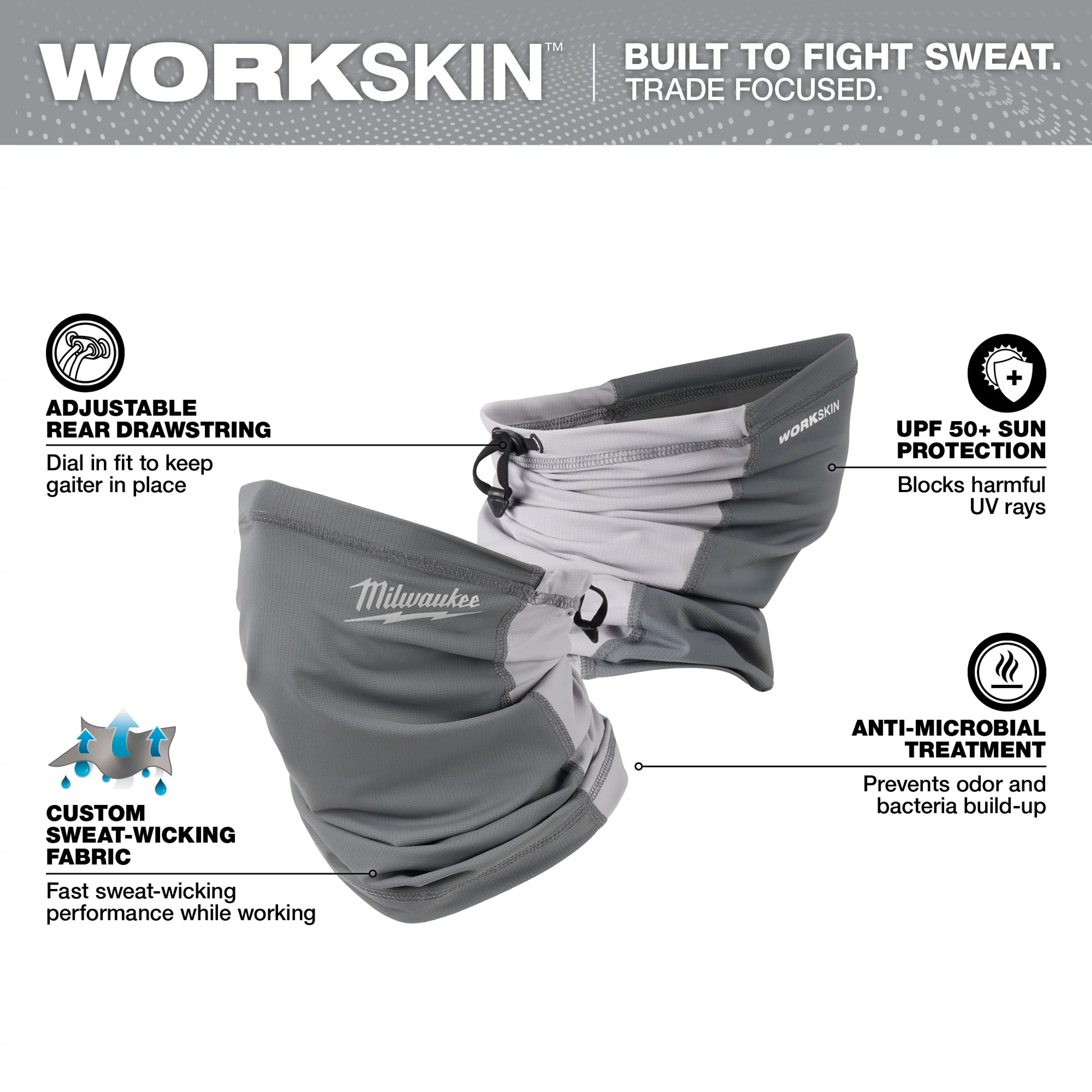 WORKSKIN Performance Neck Gaiter featuring adjustable drawstring, UPF 50+ sun protection, custom sweat-wicking fabric, and anti-microbial treatment.