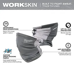 WORKSKIN Performance Neck Gaiter featuring adjustable drawstring, UPF 50+ sun protection, custom sweat-wicking fabric, and anti-microbial treatment.