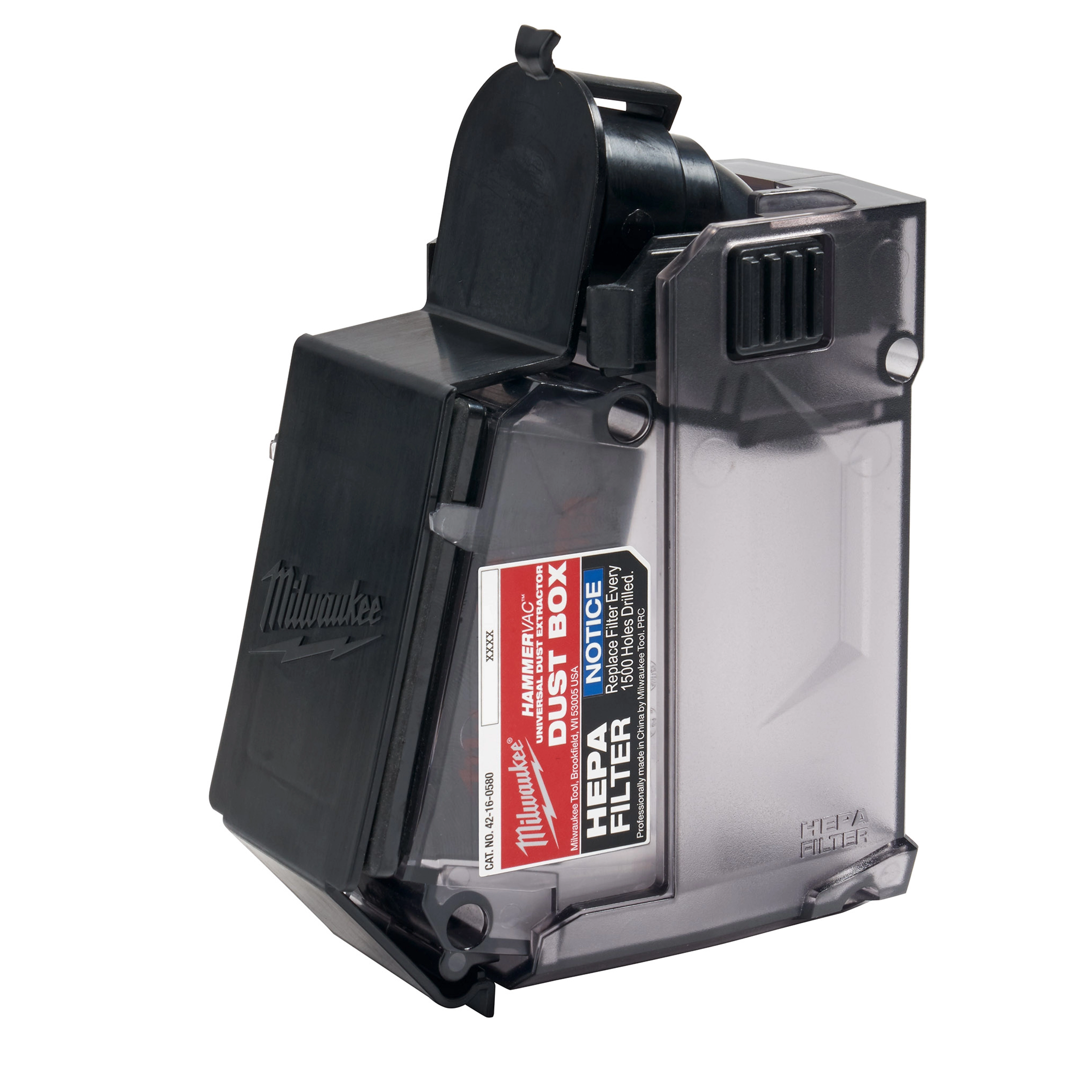 M12 HAMMERVAC Universal Dust Extractor features a detachable dust box, HEPA filter, and transparent lid with Milwaukee branding.