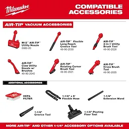 Milwaukee accessory set for M18 Brushless Handheld Vacuum. Includes various AIR-TIP vacuum nozzles, crevice tools, flexible hose, and HEPA filter.