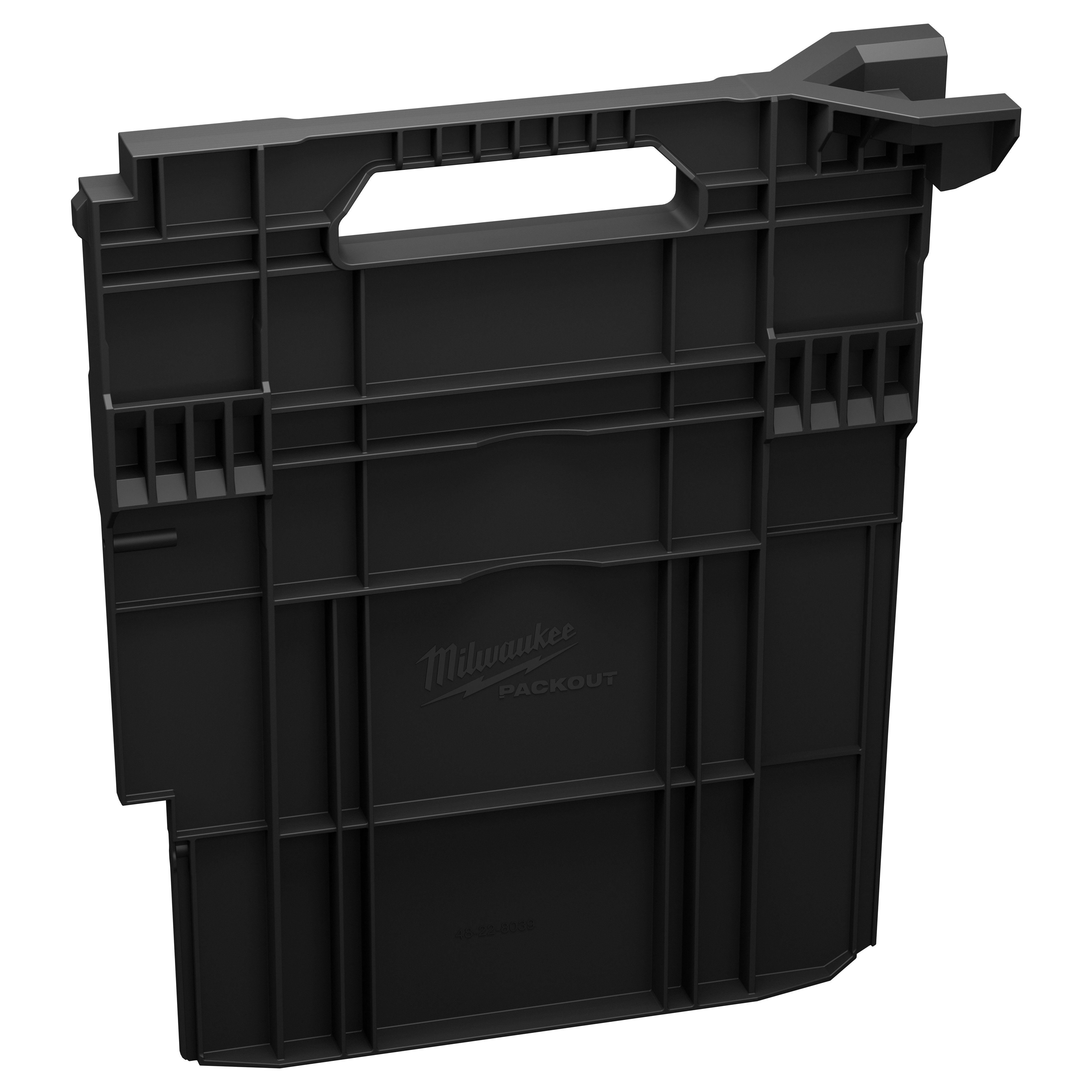 Divider for PACKOUT XL Crate, a black plastic insert with reinforcement ridges, side tabs, and a central built-in handle.