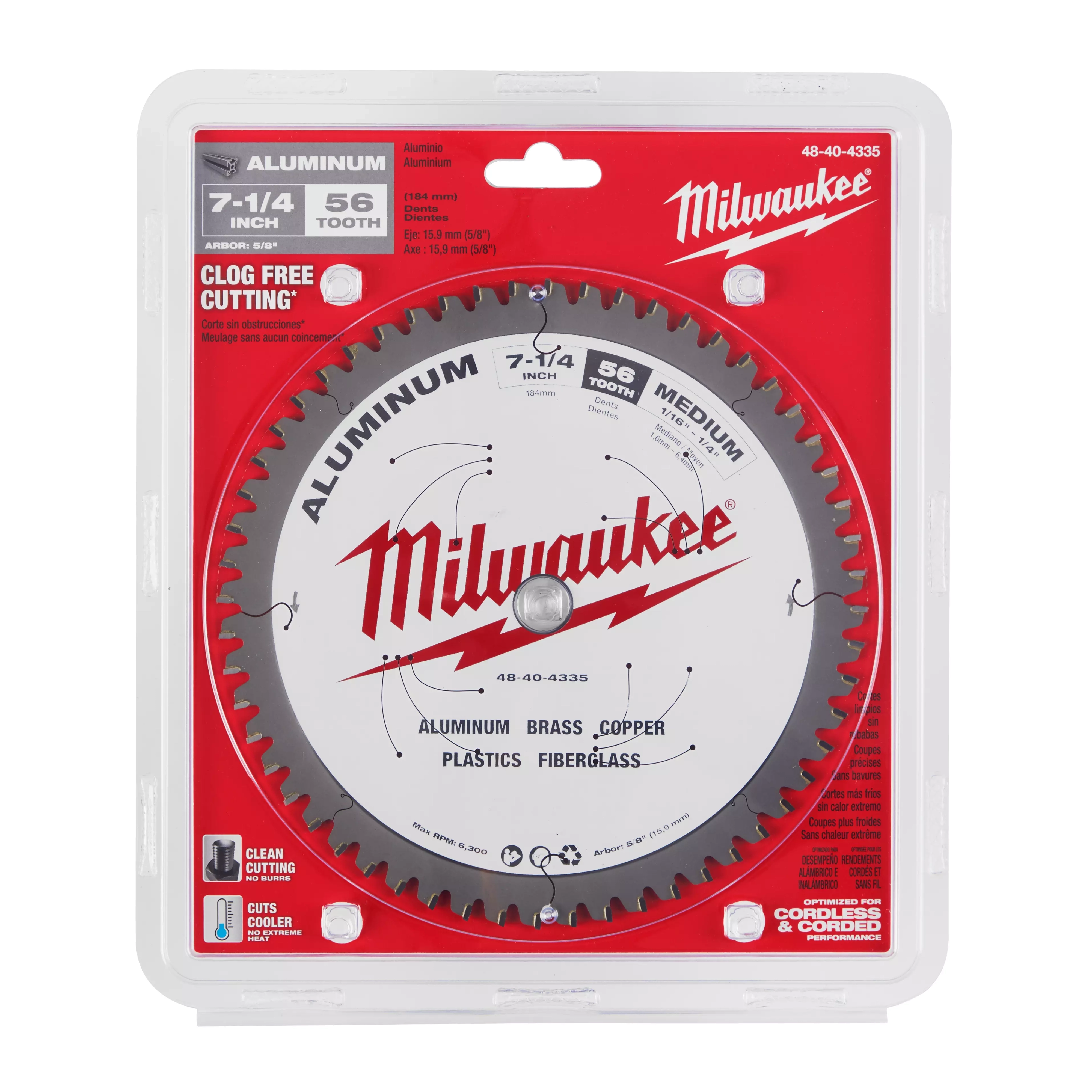7-1/4” Aluminum Cutting Circular Saw Blade in packaging, featuring 56 teeth for medium cutting of aluminum, brass, copper, plastics, and fiberglass.