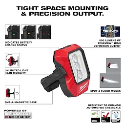 Milwaukee Rechargeable Pivoting Task Light w/ Spot Mode with adjustable head and compact magnetic base.