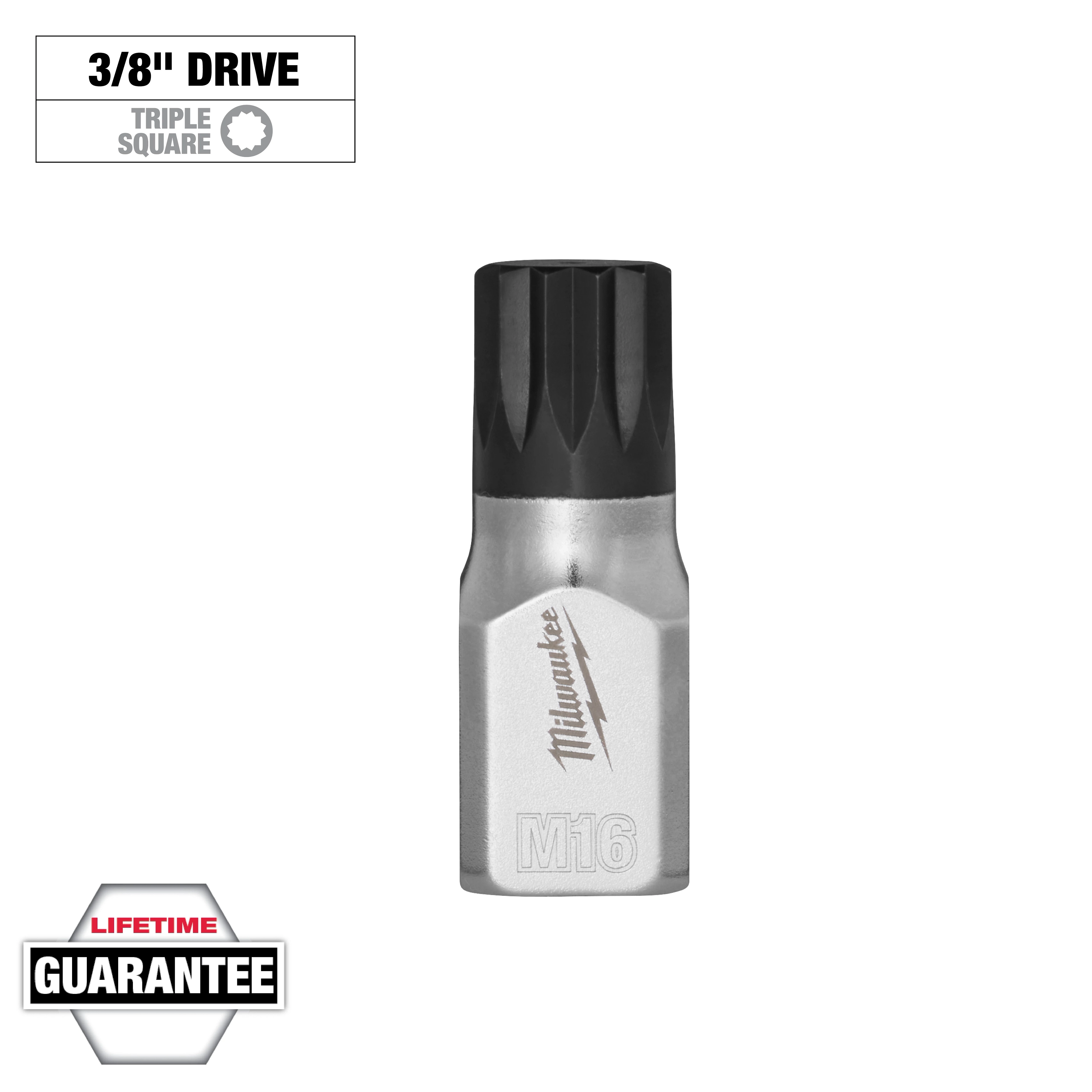 3/8" Drive 16mm Triple Square Bit Socket with a metal body and black tip, featuring lifetime guarantee text and labeled "M16."