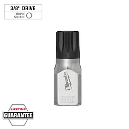 3/8" Drive 16mm Triple Square Bit Socket with a metal body and black tip, featuring lifetime guarantee text and labeled "M16."