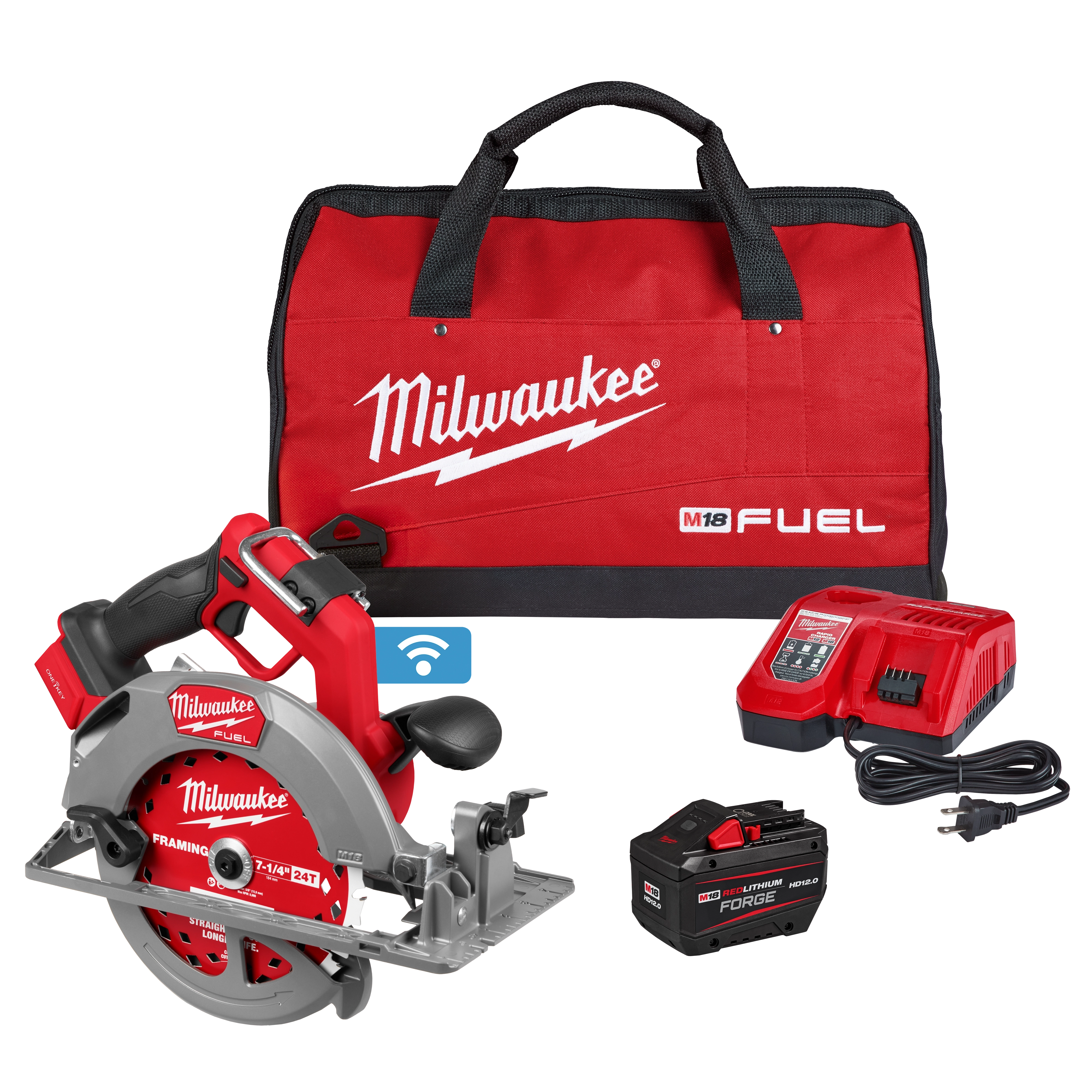 The image shows a Milwaukee M18 Fuel cordless circular saw kit. It includes a red and black saw, a red battery charger, a 12.0Ah battery, and a red carrying bag with black handles. The saw and bag display the Milwaukee logo.