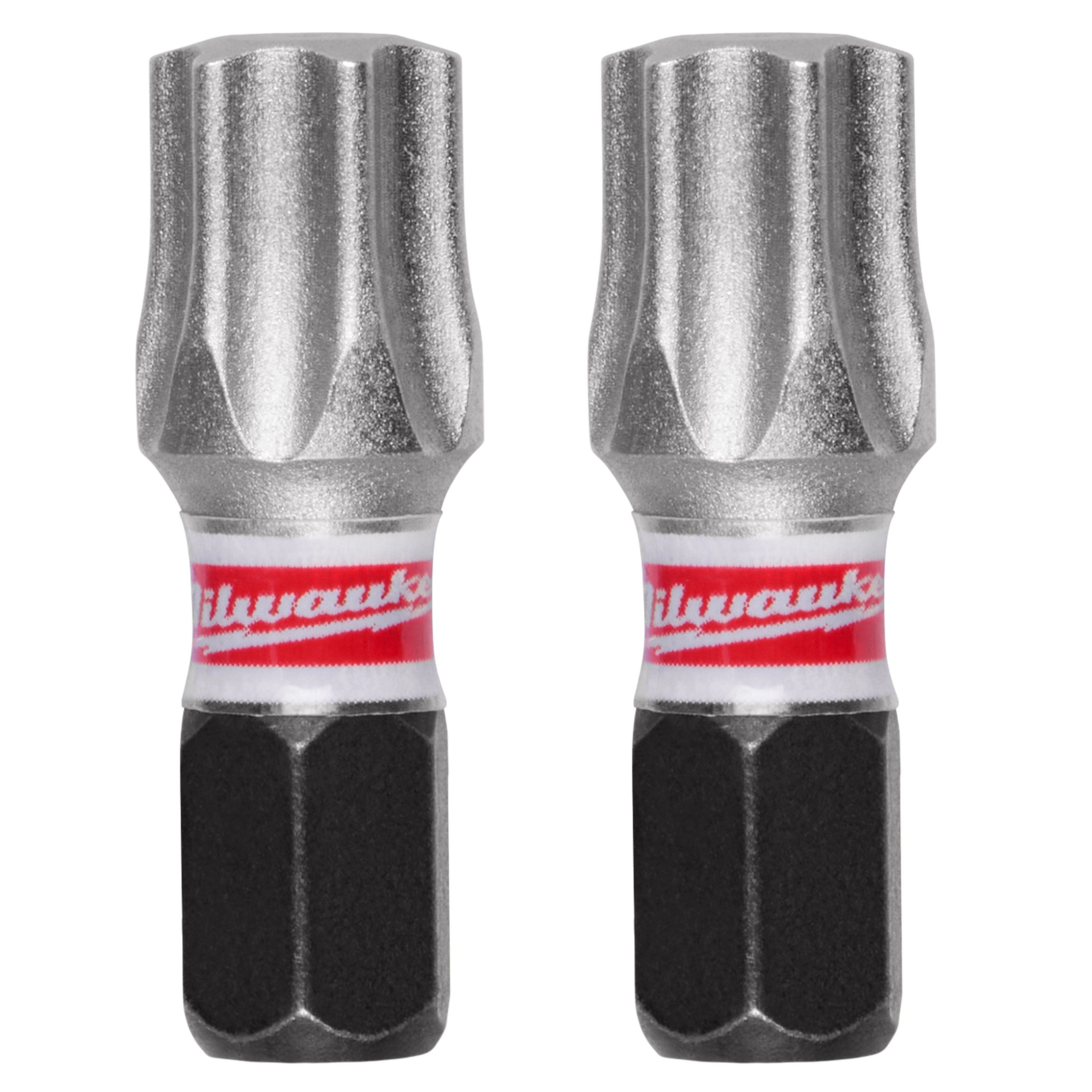This image shows two SHOCKWAVE™ Impact Duty 1" T45 Insert Bits 2Pk by Milwaukee. They have a metallic finish with red bands and black hexagonal bases.