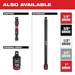 PTA Sockets product image displays various models including adapters, extensions, and universal joints. Labeling indicates available drive sizes: 1/4", 3/8", 1/2", 3/4", and 1". The background is white with red, grey, and black text.