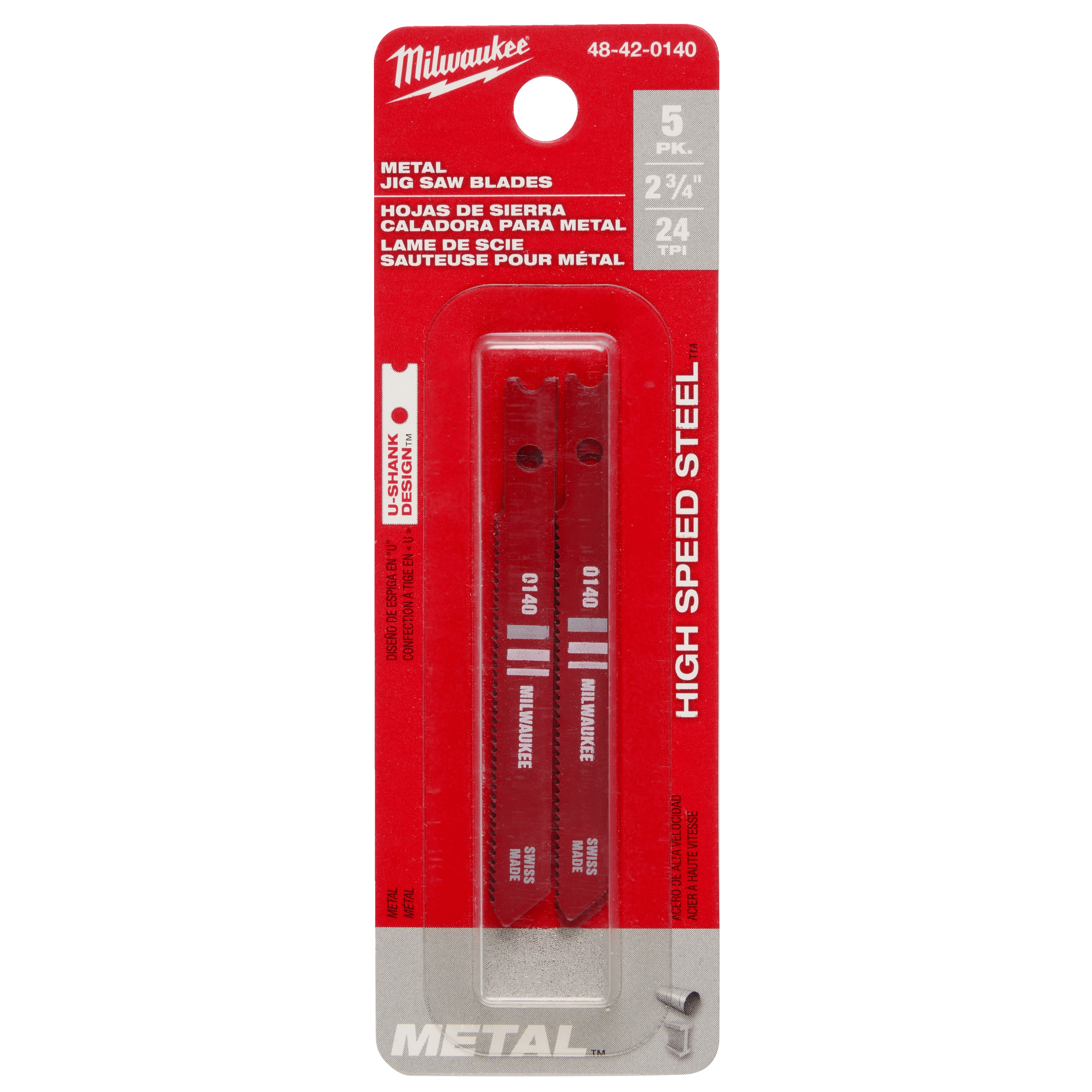 Package of 2-3/4" 24TPI U-Shank Metal High Speed Steel Jig Saw Blades 5PK, featuring five red blades for cutting metal.