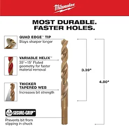 The 13/32 in. Cobalt Red Helix Drill Bit features a Quad Edge tip for sharpness, a Variable Helix for faster material removal, and a Thicker Tapered Web for strength. It includes a Secure-Grip to prevent slipping in the chuck. Dimensions are 3.39 inches length and 4.80 inches overall.