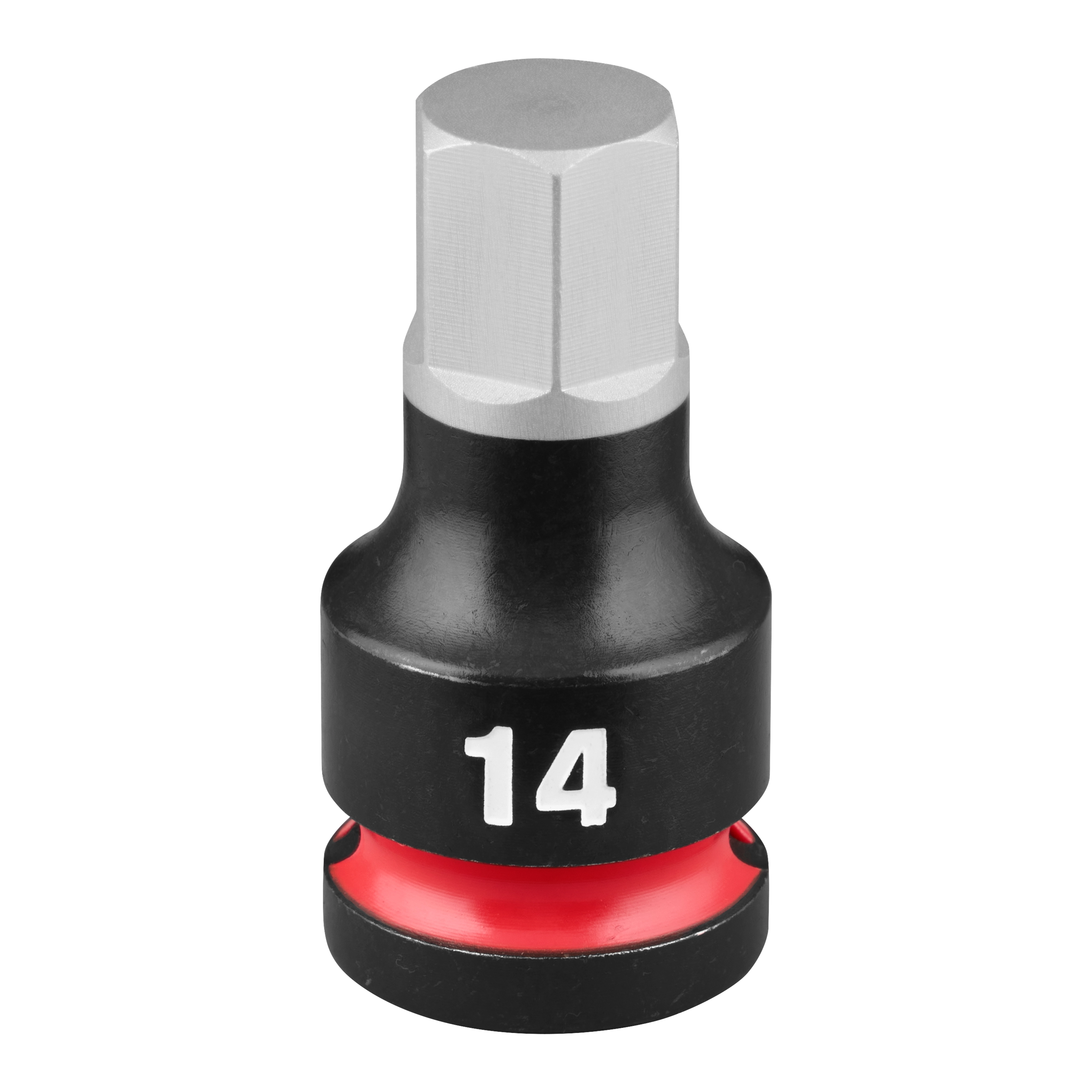 SHOCKWAVE Impact Duty 1/2" Drive 2" Hex 14mm Bit Socket features a black body with a red ring and a gray hex head, labeled with the number "14" in white.