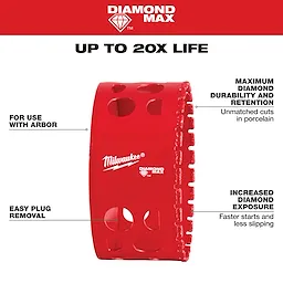 Milwaukee 3-1/2" DIAMOND MAX Hole Saw in red with labeled features: increased diamond exposure, easy plug removal, and use with arbor.