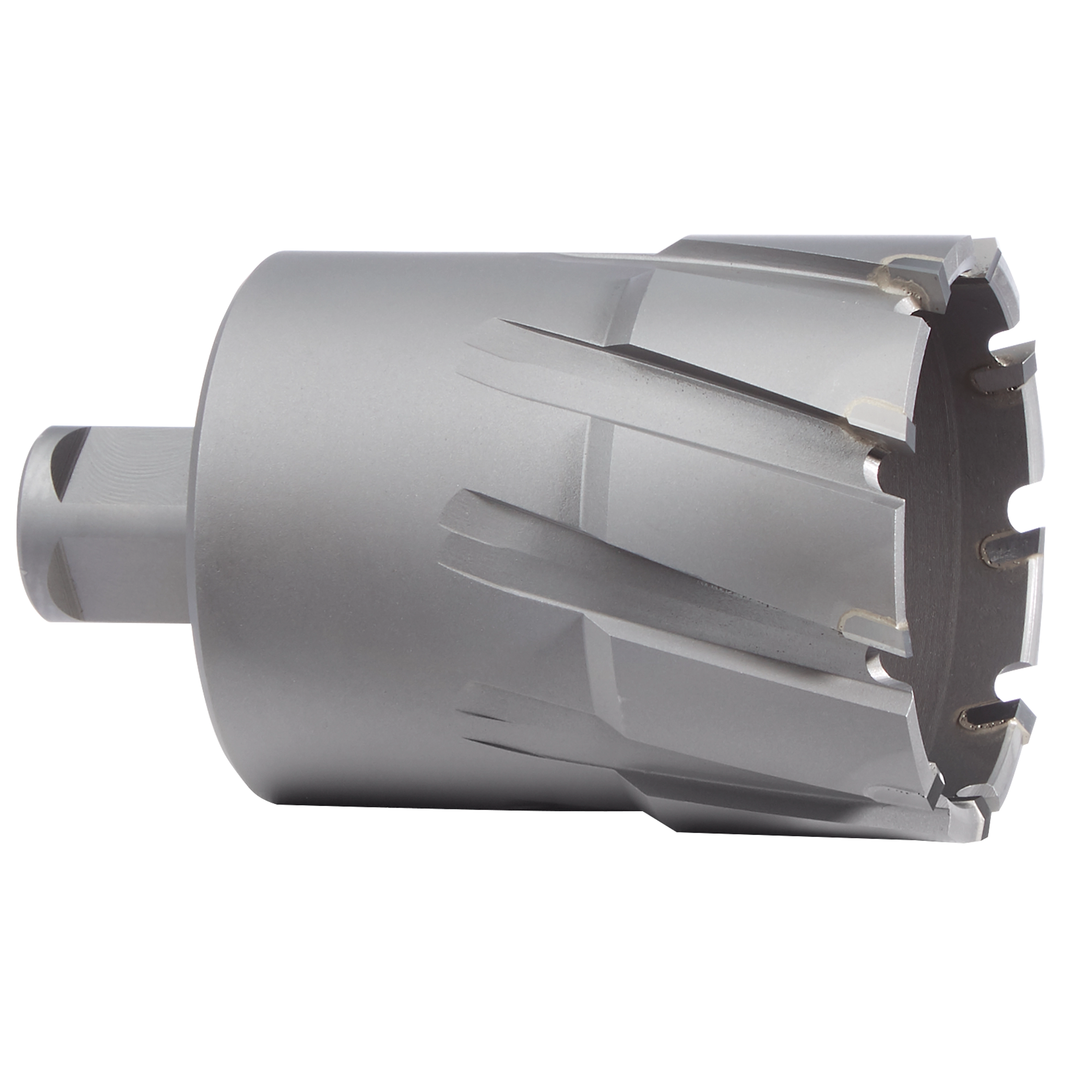 2-1/4" Annular Cutter, silver in color, with sharp, evenly spaced cutting teeth around a cylindrical body for drilling holes.