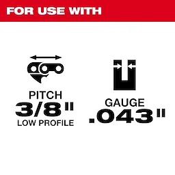11/64” Round File for Saw Chain 6 PK is designed for use with saw chains that have a 3/8” low profile pitch and a .043” gauge. The image highlights these specifications with text and icons, ensuring compatibility information is clear for users.