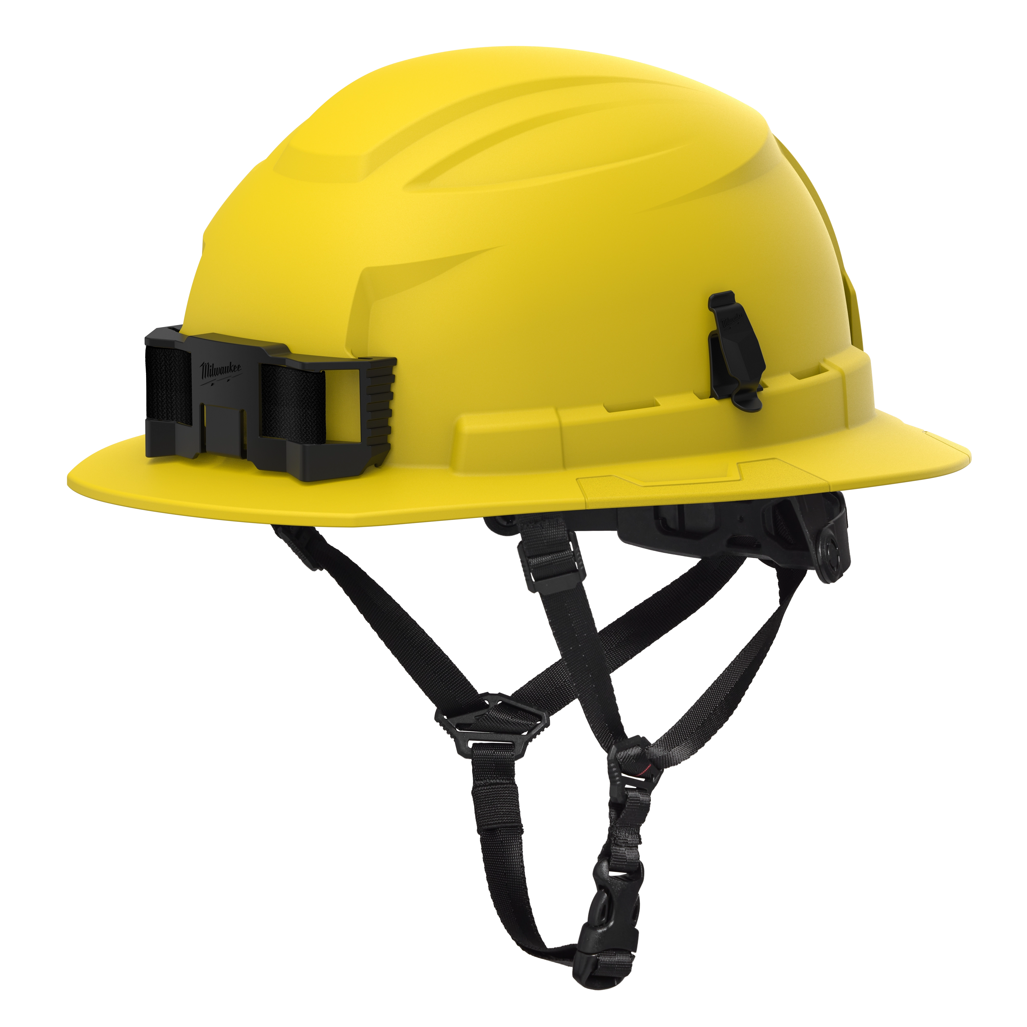BOLT™ Yellow Full Brim Safety Helmet w/ 4pt Ratcheting Suspension – Type 2, Class E features a full brim for added protection, a chin strap, and ratcheting suspension for a secure fit. The helmet is designed for industrial safety and is classified as Type 2, Class E for electrical insulation.