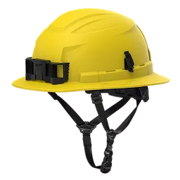 BOLT™ Yellow Full Brim Safety Helmet w/ 4pt Ratcheting Suspension – Type 2, Class E features a full brim for added protection, a chin strap, and ratcheting suspension for a secure fit. The helmet is designed for industrial safety and is classified as Type 2, Class E for electrical insulation.