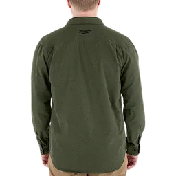 Back view of a person wearing a forest green GRIDIRON Flannel Shirt, displaying a black logo on the upper back.