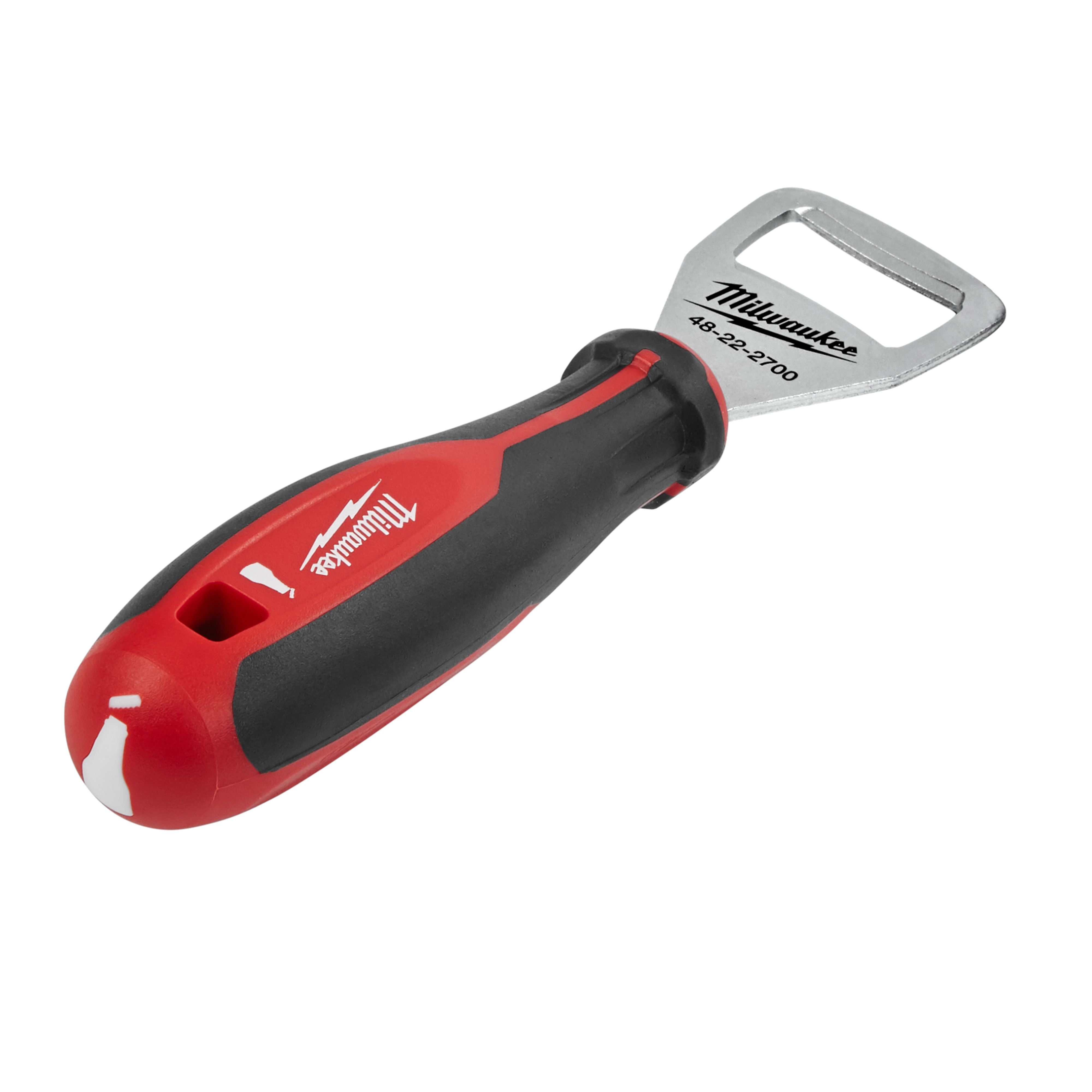 The Cushion Grip Bottle Opener has a red and black ergonomic handle with a stainless steel head engraved with the product's name and code.