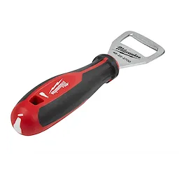 The Cushion Grip Bottle Opener has a red and black ergonomic handle with a stainless steel head engraved with the product's name and code.