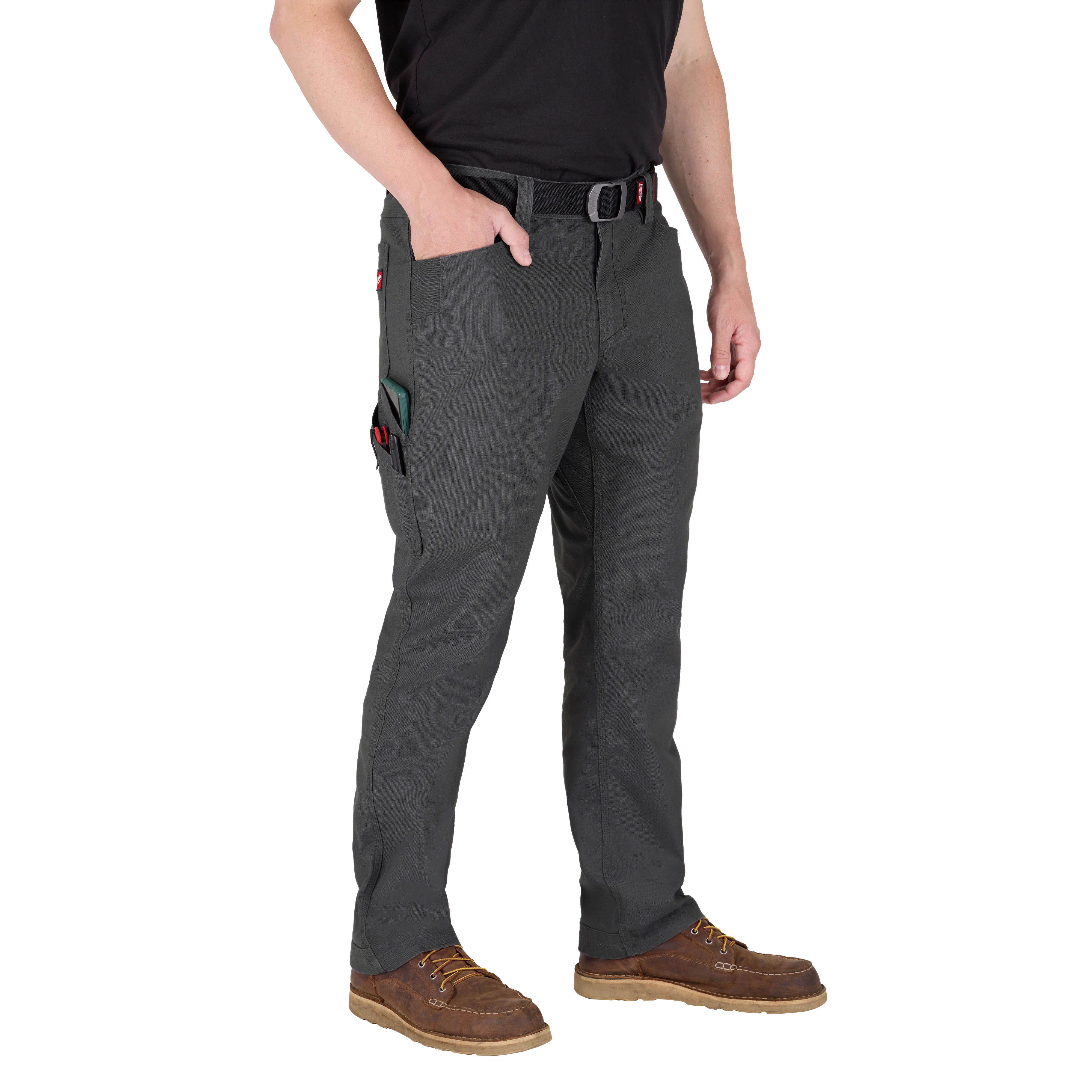Man wearing Milwaukee Tool gray work pants and belt