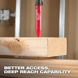 Red Mechanical Pencil with Lead Pack for woodworking, featuring deep reach capability on a piece of wood. Text reads "Better Access, Deep Reach Capability."