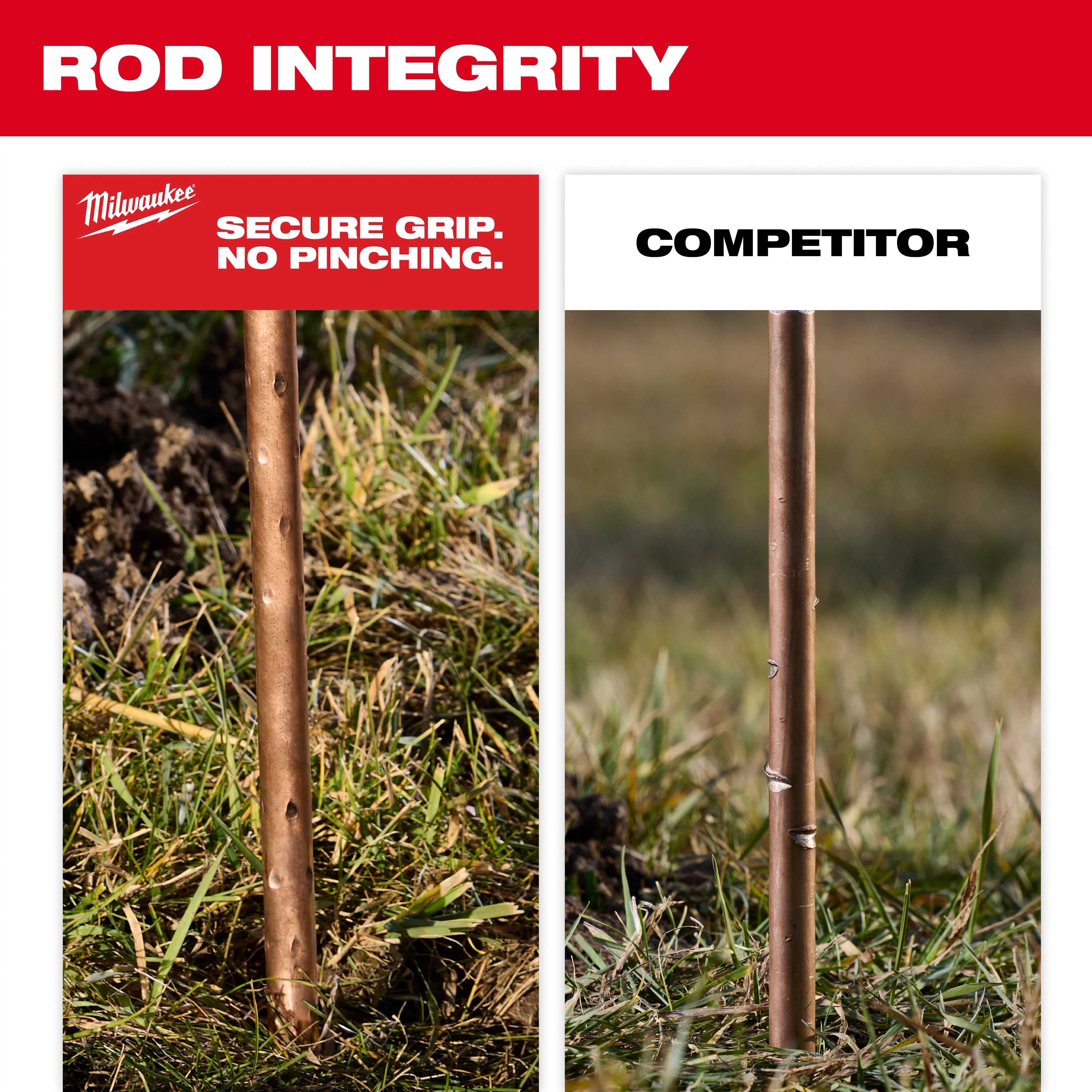 Side Load Ground Rod Driver comparison image shows secure grip with undamaged rod on the left and damaged competitor rod on the right.