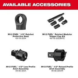 M12 FUEL 1/2" Ratchet and M12 FUEL 1/2" Ratchet Kit accessories displayed in four labeled sections