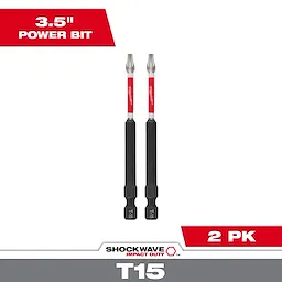 This image shows two SHOCKWAVE™ 3-1/2" Impact Duty T15 Bits (2 PK) against a white background. The top-left corner has text saying "3.5'' Power Bit" and the bottom-right corner says "2 PK". The brand logo and "T15" are displayed at the bottom.